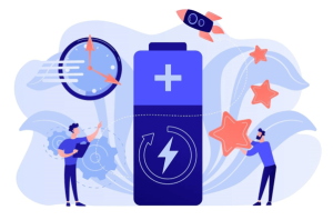 Free vector engineers with battery charging, clock and stars with rocket. fast charging technology, fast-charge batteries